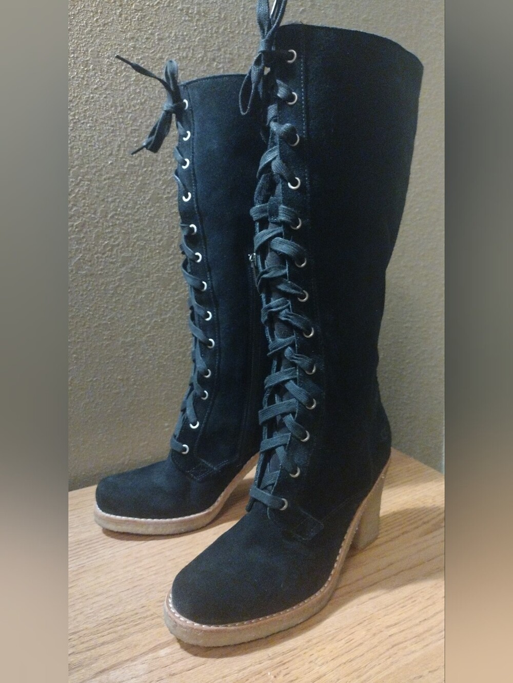 UGG Boots Retro Women's 6 Black Suede Knee High 3215 Lace Up Zip 3.5" Heel